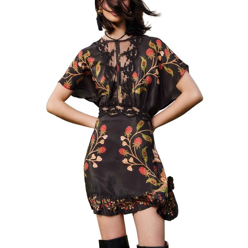 Farm Rio Black Wild Berry Garden Mini Dress- Ruffle Hem Floral XS NWT
